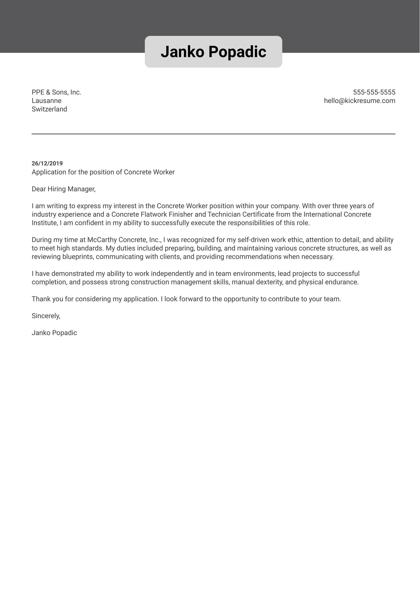 <b>Concrete</b> Worker Cover Letter Sample | Kickresume